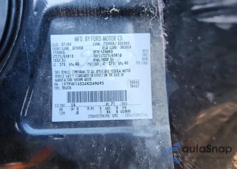 2004 Ford F150 Supercrew z USA, uszkodzony, nr VIN 1FTPW14534KD69695